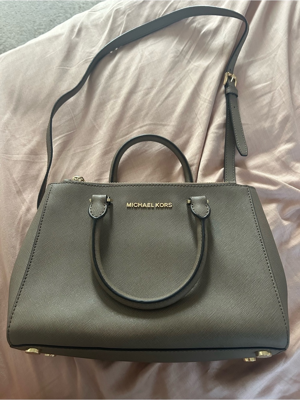 Michael Kors Gray Saffiano Leather Satchel with Gold Hardware